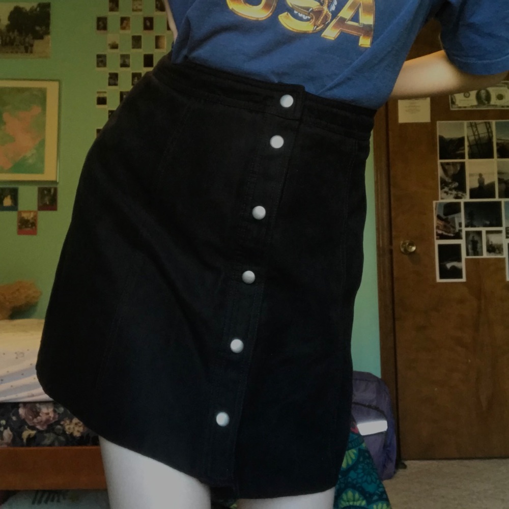 High Waisted Black Snap-Front Velvet Skirt